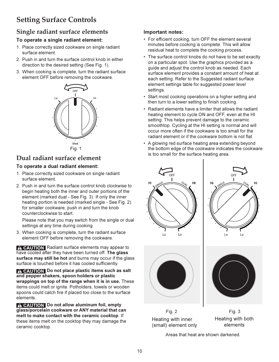 Setting surface controls, Dual radiant surface element, Single radiant surface elements | KITCHENAID ARCHITECT KERS206X User Manual | Page 10 / 36