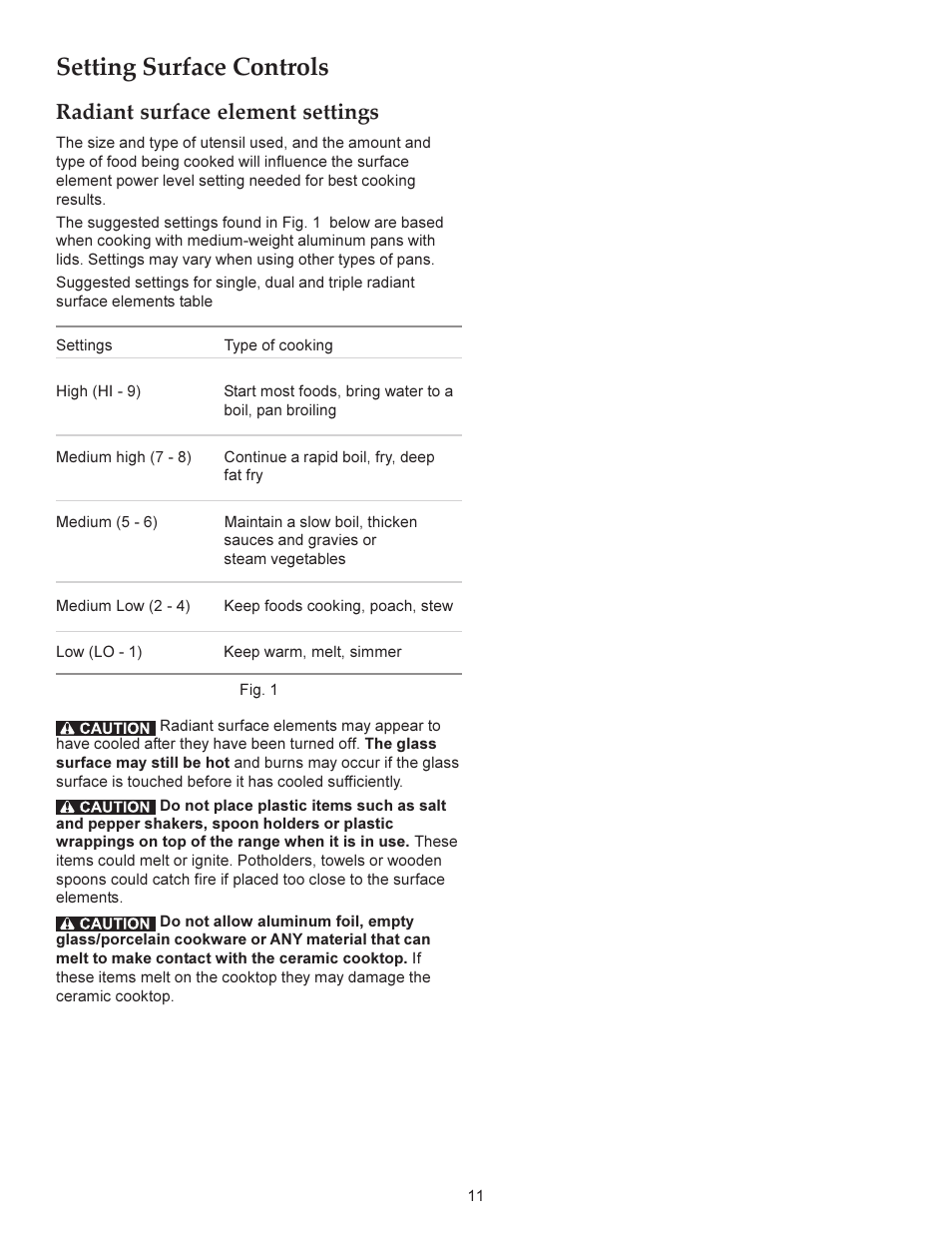 Setting surface controls, Radiant surface element settings | KITCHENAID ARCHITECT KERS206X User Manual | Page 11 / 36