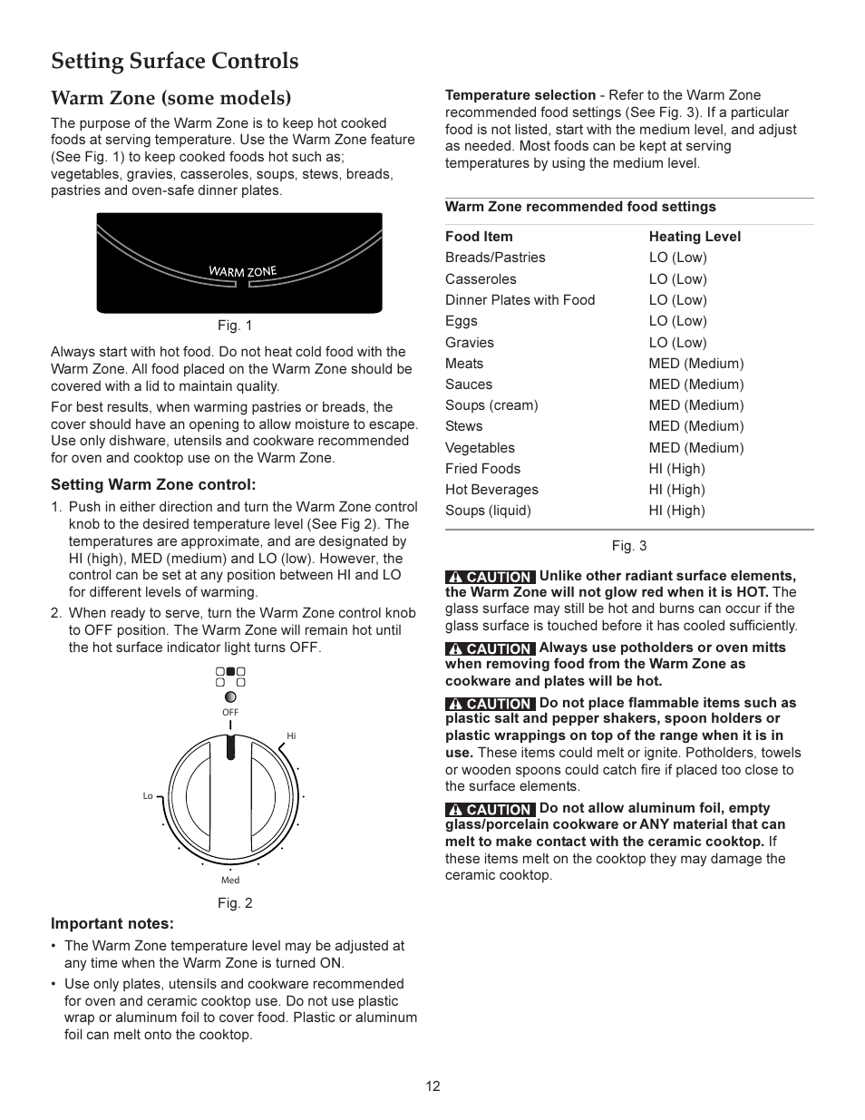 Setting surface controls, Warm zone (some models) | KITCHENAID ARCHITECT KERS206X User Manual | Page 12 / 36