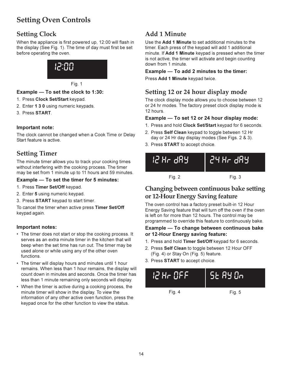 Setting oven controls, Setting clock, Setting timer | Add 1 minute, Setting 12 or 24 hour display mode | KITCHENAID ARCHITECT KERS206X User Manual | Page 14 / 36