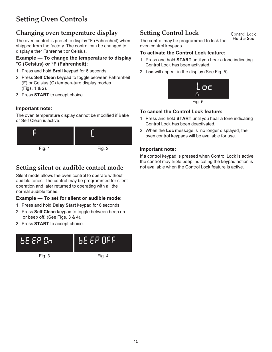 Setting oven controls, Changing oven temperature display, Setting silent or audible control mode | Setting control lock | KITCHENAID ARCHITECT KERS206X User Manual | Page 15 / 36
