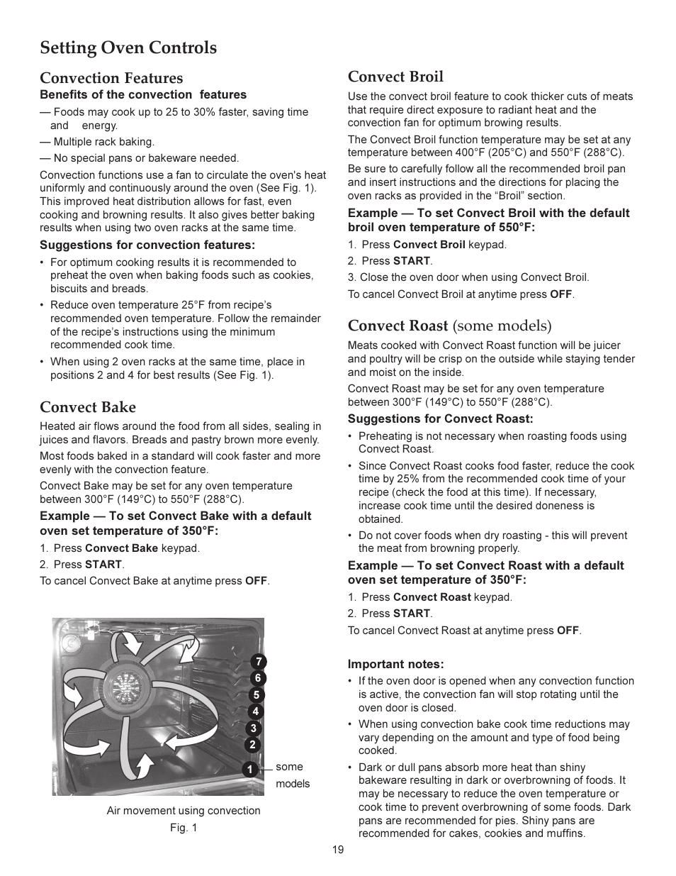 Setting oven controls, Convect bake, Convect broil | Convect roast (some models), Convection features | KITCHENAID ARCHITECT KERS206X User Manual | Page 19 / 36