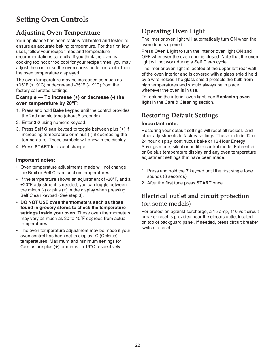 Setting oven controls, Operating oven light, Restoring default settings | Adjusting oven temperature | KITCHENAID ARCHITECT KERS206X User Manual | Page 22 / 36