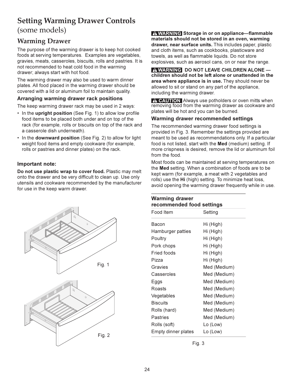 Setting warming drawer controls (some models), Warming drawer | KITCHENAID ARCHITECT KERS206X User Manual | Page 24 / 36