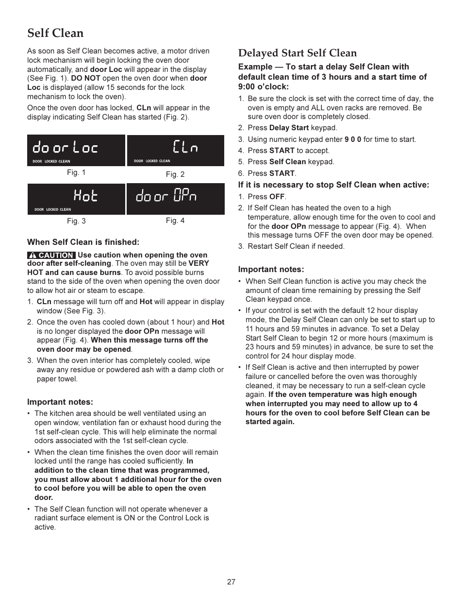 Self clean, Delayed start self clean | KITCHENAID ARCHITECT KERS206X User Manual | Page 27 / 36