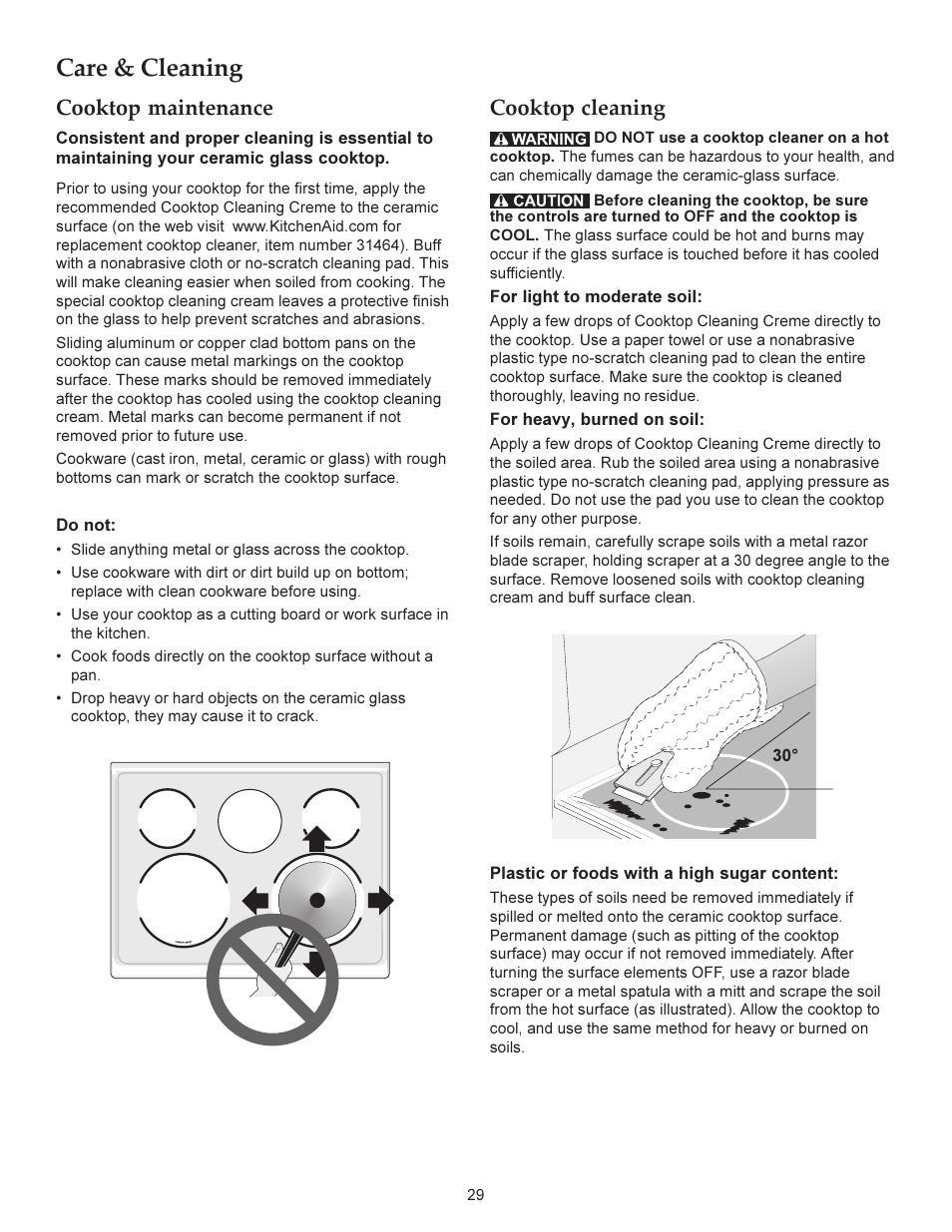 Care & cleaning, Cooktop maintenance, Cooktop cleaning | KITCHENAID ARCHITECT KERS206X User Manual | Page 29 / 36