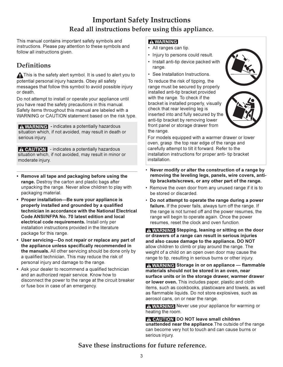 Important safety instructions, Save these instructions for future reference, Read all instructions before using this appliance | Definitions | KITCHENAID ARCHITECT KERS206X User Manual | Page 3 / 36