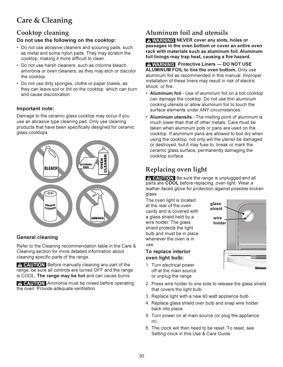 Care & cleaning, Cooktop cleaning, Aluminum foil and utensils | Replacing oven light | KITCHENAID ARCHITECT KERS206X User Manual | Page 30 / 36