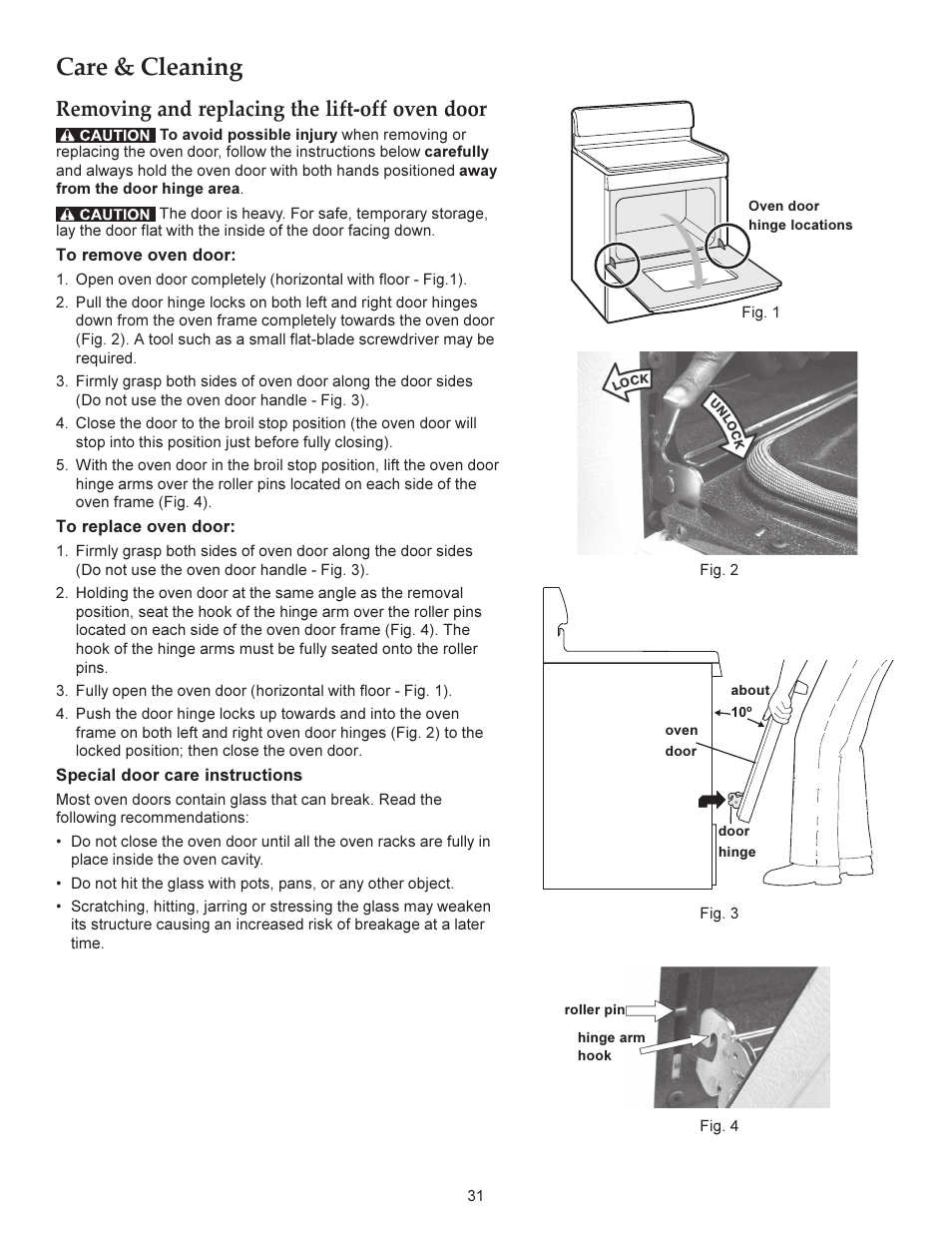 Care & cleaning, Removing and replacing the lift-off oven door | KITCHENAID ARCHITECT KERS206X User Manual | Page 31 / 36