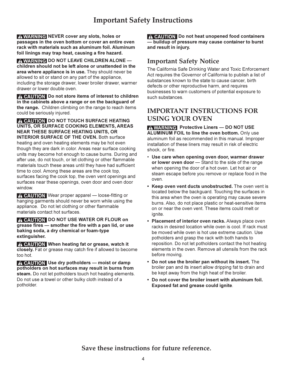 Important safety instructions, Important safety notice, Important instructions for using your oven | Save these instructions for future reference | KITCHENAID ARCHITECT KERS206X User Manual | Page 4 / 36