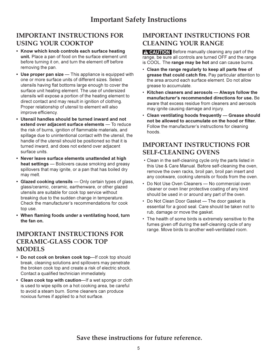 Important safety instructions, Important instructions for using your cooktop, Important instructions for self-cleaning ovens | KITCHENAID ARCHITECT KERS206X User Manual | Page 5 / 36