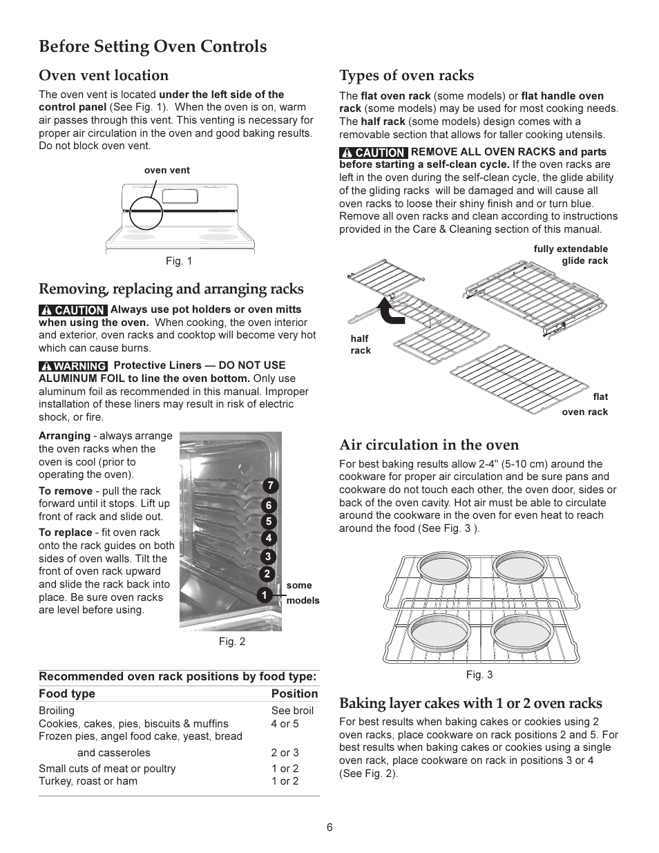 Before setting oven controls, Types of oven racks, Baking layer cakes with 1 or 2 oven racks | Removing, replacing and arranging racks, Oven vent location, Air circulation in the oven | KITCHENAID ARCHITECT KERS206X User Manual | Page 6 / 36
