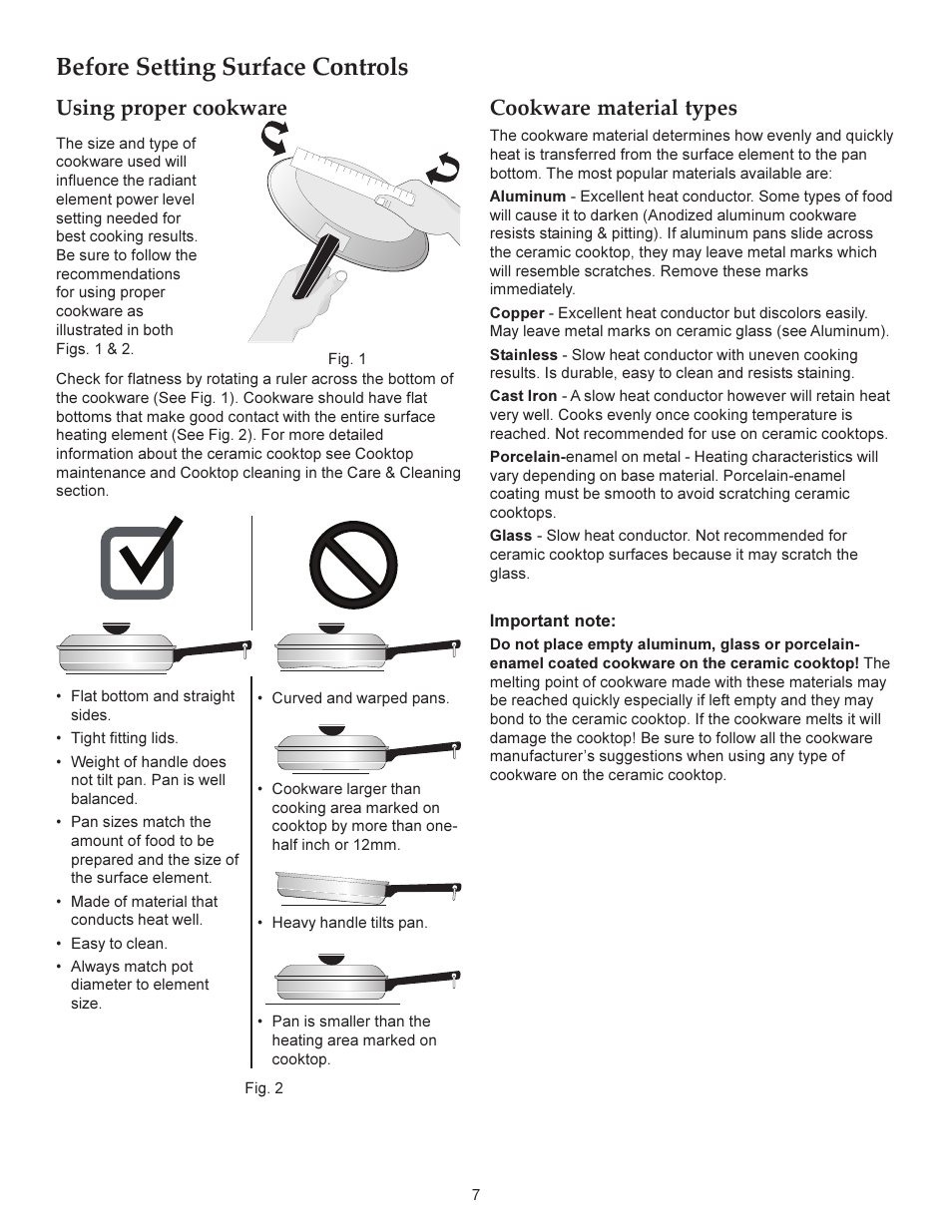 Before setting surface controls, Cookware material types, Using proper cookware | KITCHENAID ARCHITECT KERS206X User Manual | Page 7 / 36
