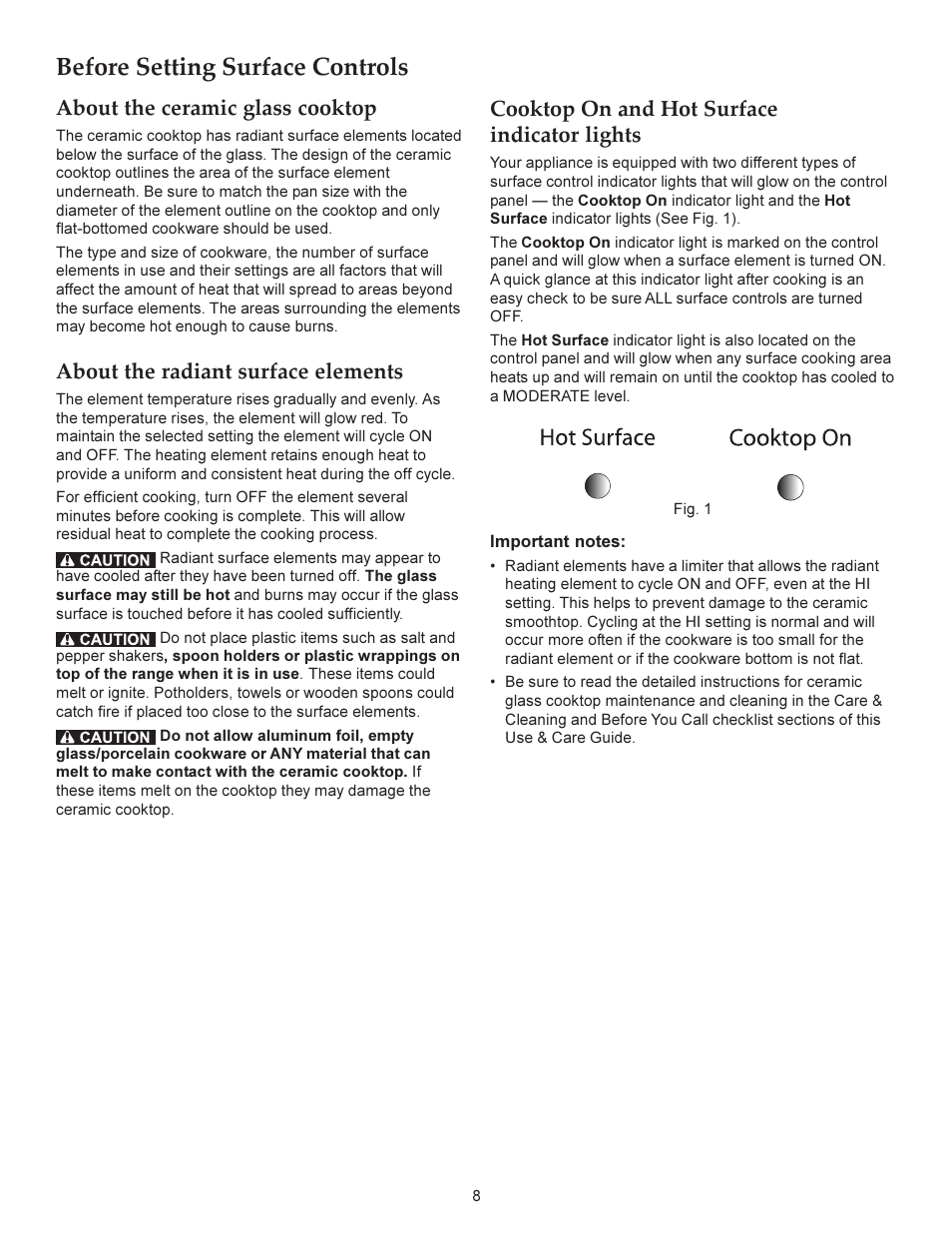 Before setting surface controls, About the ceramic glass cooktop, About the radiant surface elements | Cooktop on and hot surface indicator lights | KITCHENAID ARCHITECT KERS206X User Manual | Page 8 / 36