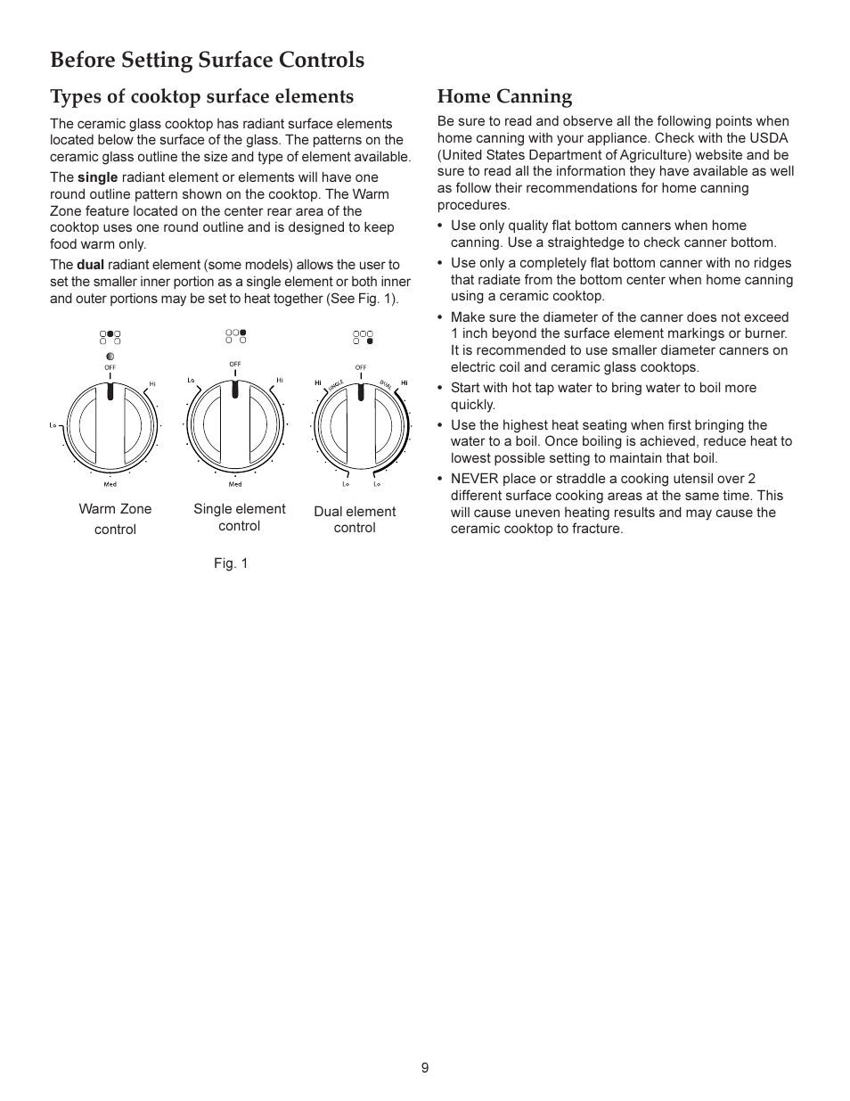Before setting surface controls, Types of cooktop surface elements, Home canning | KITCHENAID ARCHITECT KERS206X User Manual | Page 9 / 36