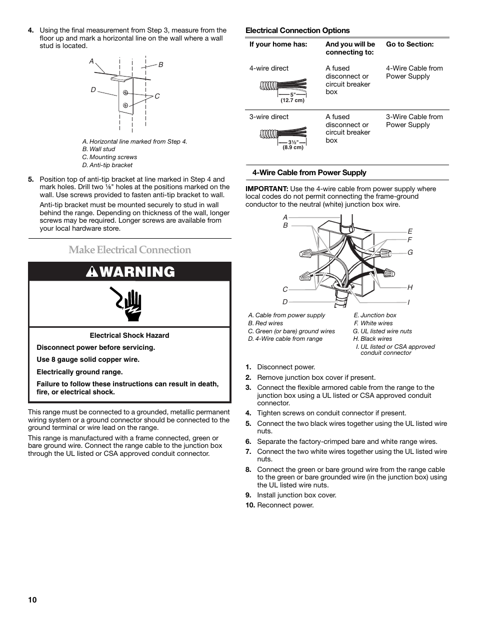 Make electrical connection, Warning | KITCHENAID Cooktop User Manual | Page 10 / 16