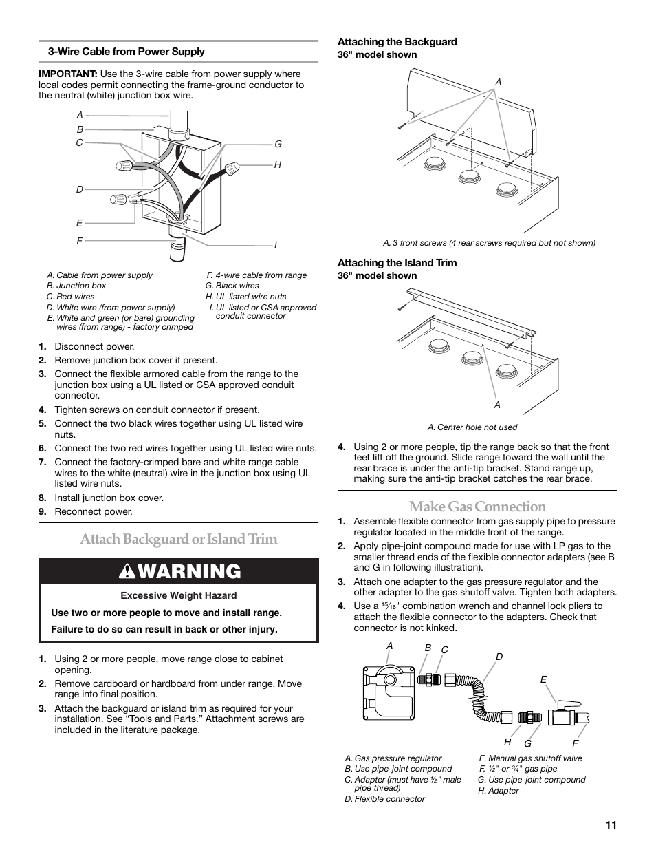 Attach backguard or island trim, Make gas connection, Warning | KITCHENAID Cooktop User Manual | Page 11 / 16