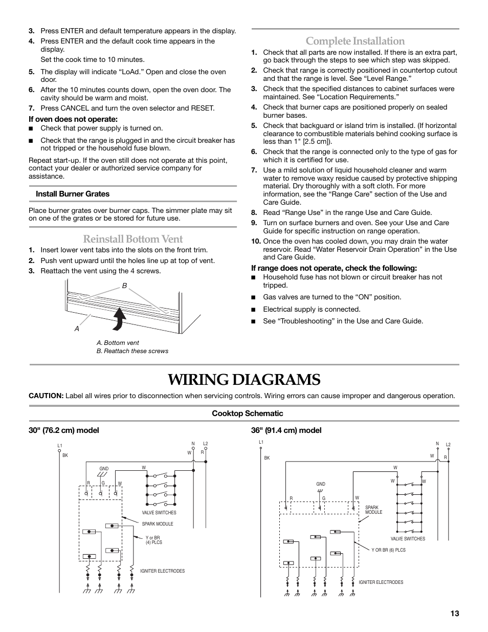 Reinstall bottom vent, Complete installation, Wiringdiagrams | Wiring diagrams | KITCHENAID Cooktop User Manual | Page 13 / 16