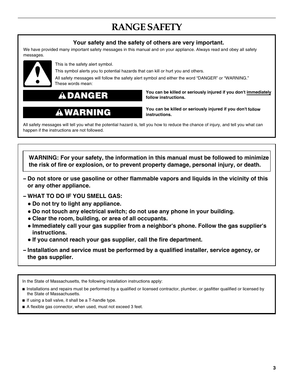 Range safety, Danger warning | KITCHENAID Cooktop User Manual | Page 3 / 16