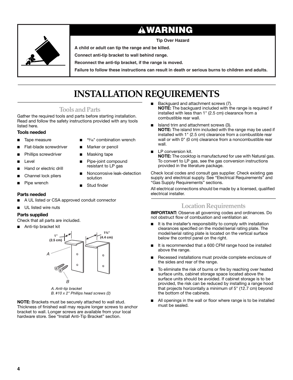 Installation requirements, Tools and parts, Location requirements | Warning | KITCHENAID Cooktop User Manual | Page 4 / 16