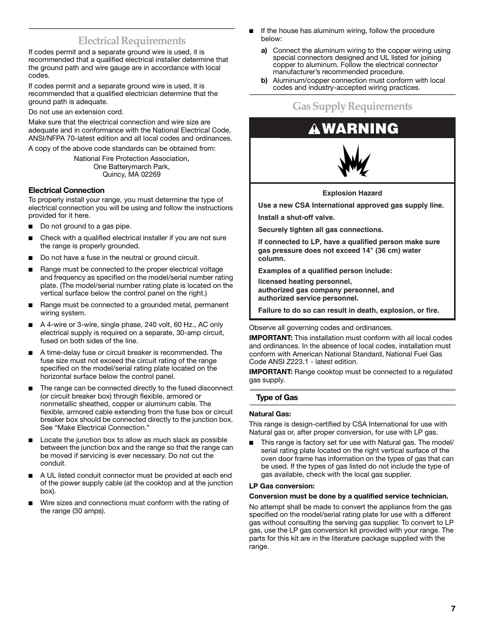 Electrical requirements, Gas supply requirements, Warning | KITCHENAID Cooktop User Manual | Page 7 / 16