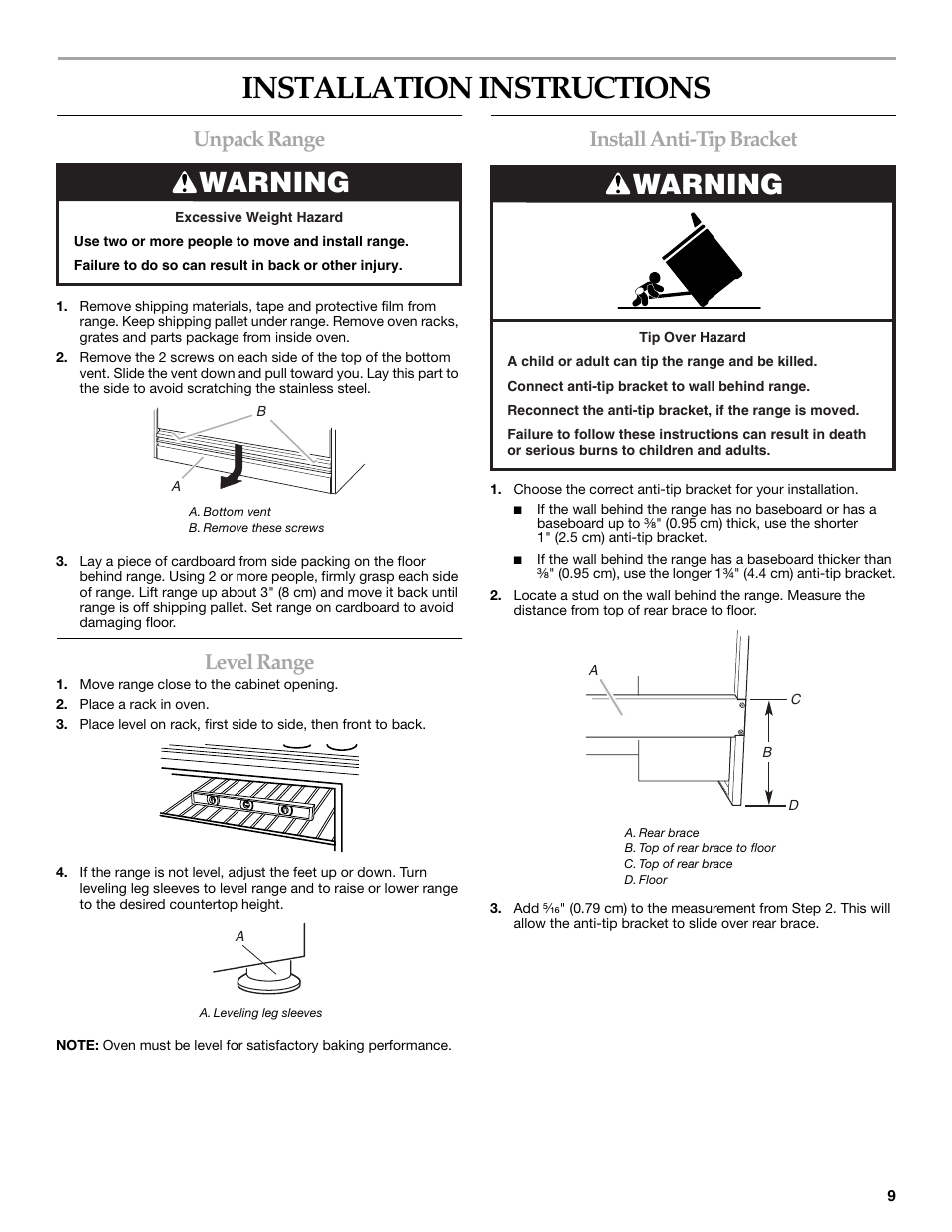Installationi nstructions, Unpack range, Level range | Install anti-tip bracket, Installation instructions, Warning | KITCHENAID Cooktop User Manual | Page 9 / 16