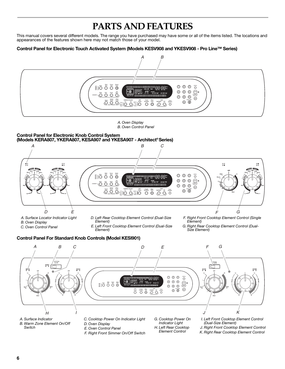 Parts and features, Ad e f g, A. oven display b. oven control panel | KITCHENAID KERA807 KESI901 User Manual | Page 6 / 32