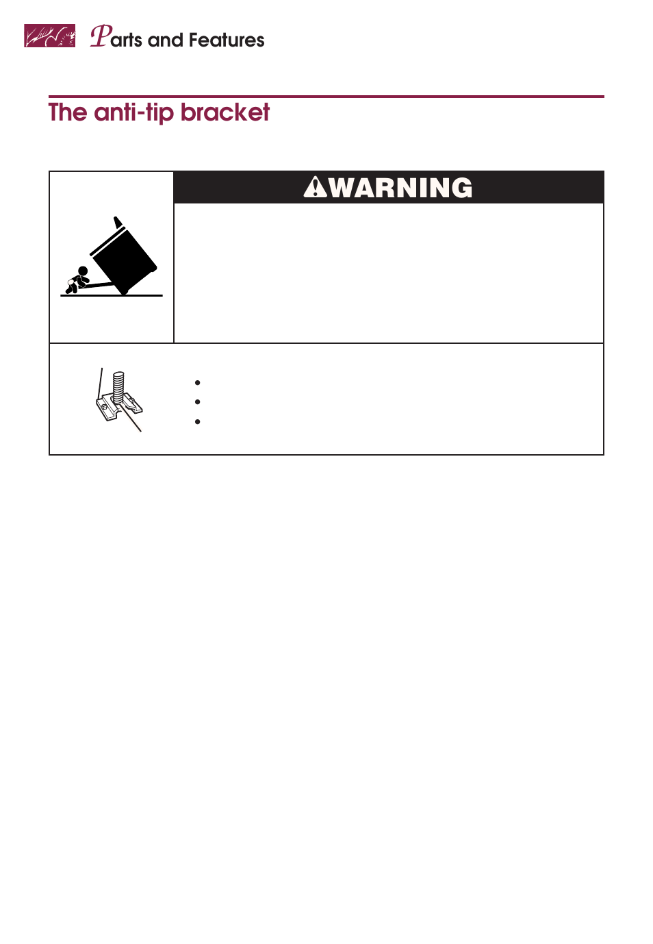 Wwarning, The anti-tip bracket, Arts and features | KITCHENAID YKGRT507 User Manual | Page 10 / 71