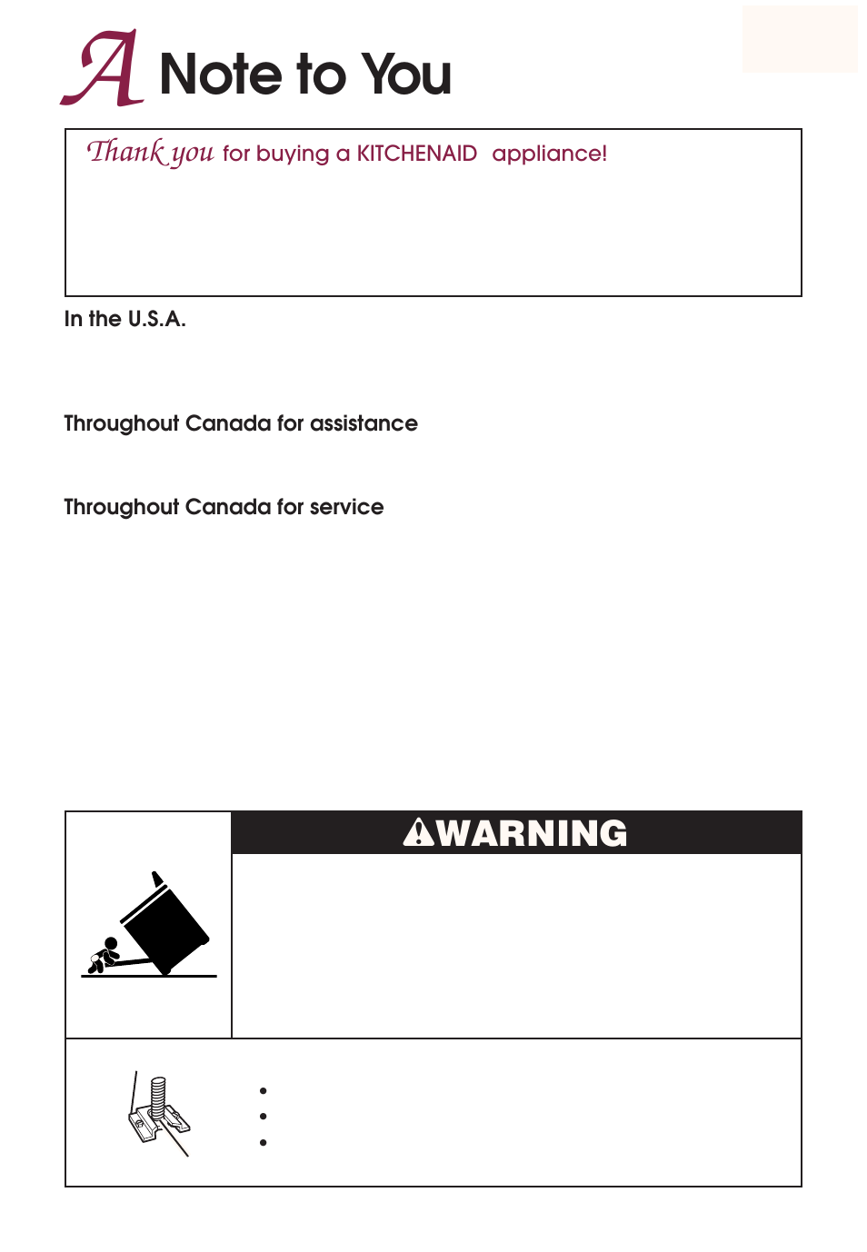 A note to you, Wwarning | KITCHENAID YKGRT507 User Manual | Page 3 / 71