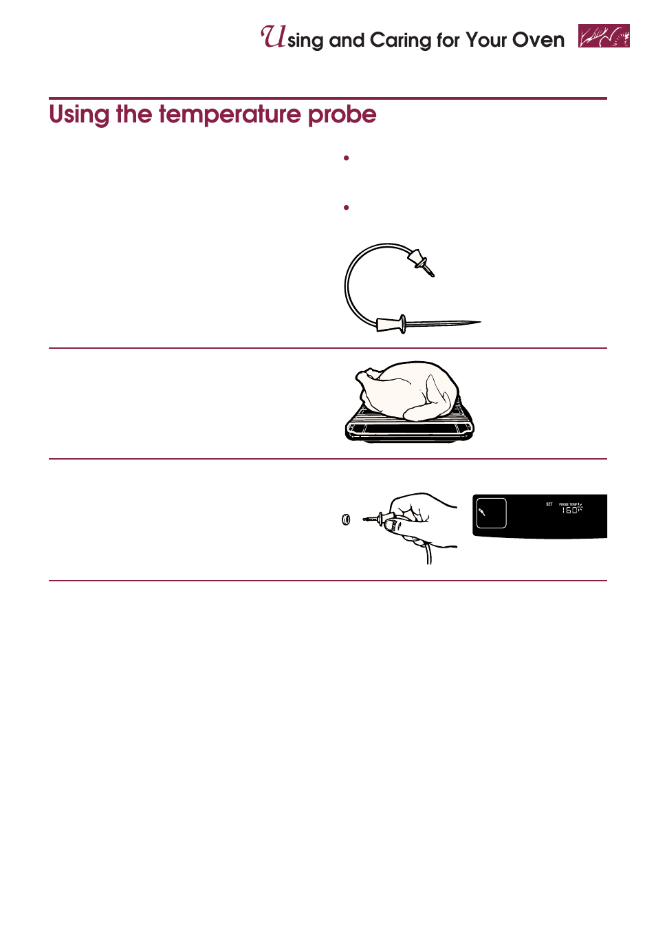 Using the temperature probe, Oven, Sing and | Aring for, Insert probe into food, Put food in oven, Connect probe to oven, Close oven door | KITCHENAID YKGRT507 User Manual | Page 39 / 71