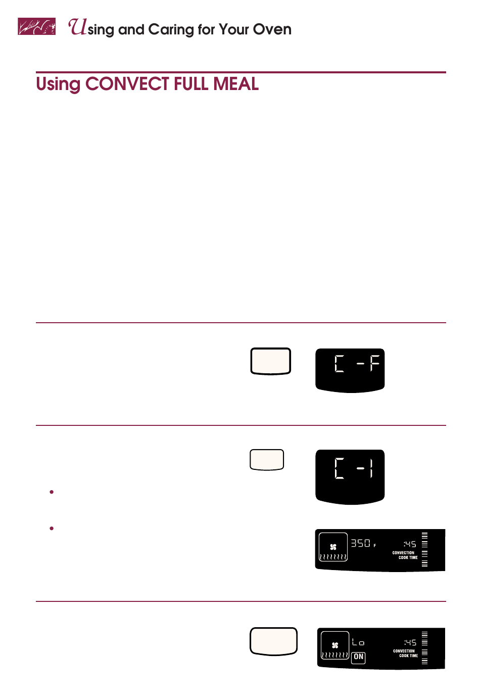 Using convect full meal, Oven, Sing and | Aring for, Place food in cold oven, Start oven, Press you see, Start press you see | KITCHENAID YKGRT507 User Manual | Page 42 / 71