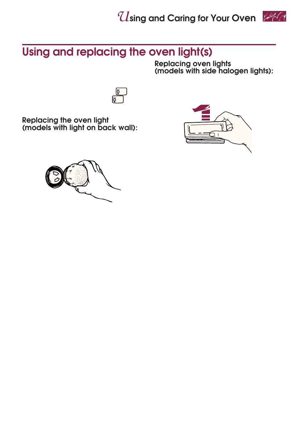 Using and replacing the oven light(s), Oven, Sing and | Aring for | KITCHENAID YKGRT507 User Manual | Page 59 / 71