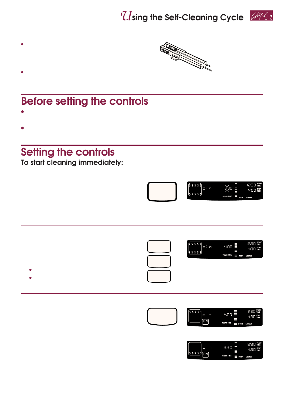 Before setting the controls, Setting the controls, Sing the self-cleaning cycle | Set cleaning time (optional), Start oven, Start, If you want a self-cleaning cycle other than 3, Hours. • use 2, Hours for light soil. • use 3, Hours for moderate to heavy soil | KITCHENAID YKGRT507 User Manual | Page 61 / 71