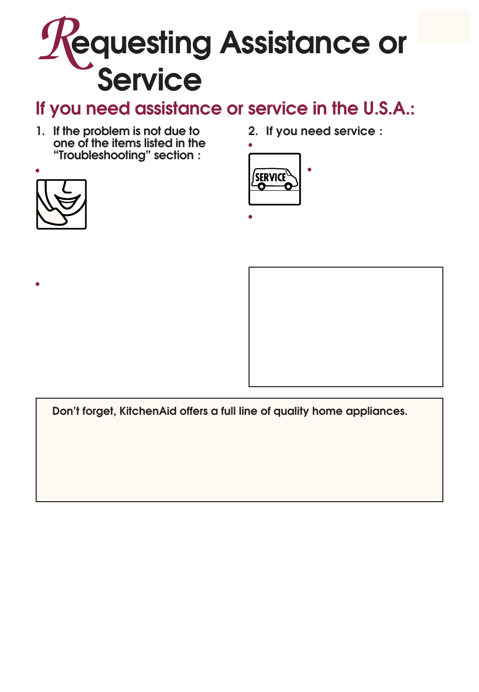 Assistance or service, Equesting assistance or service, If you need assistance or service in the u.s.a | KITCHENAID YKGRT507 User Manual | Page 67 / 71