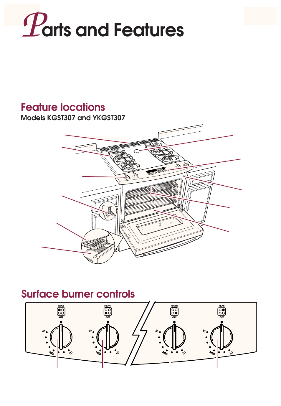 Parts and features, Arts and features, Surface burner controls | Feature locations | KITCHENAID YKGRT507 User Manual | Page 7 / 71