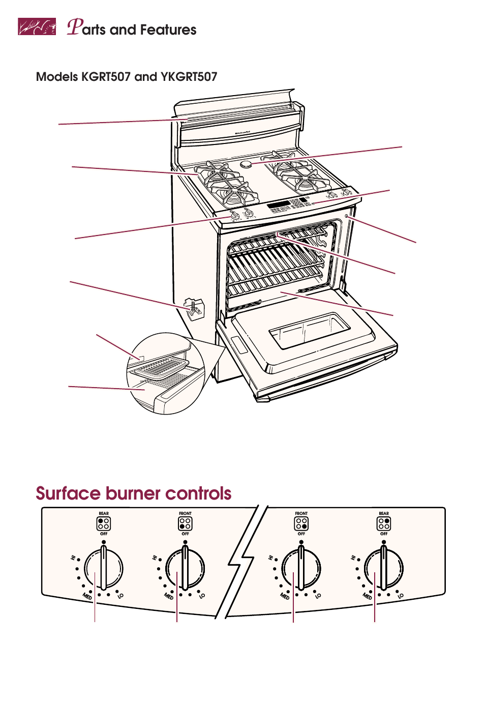 Surface burner controls, Arts and features | KITCHENAID YKGRT507 User Manual | Page 8 / 71