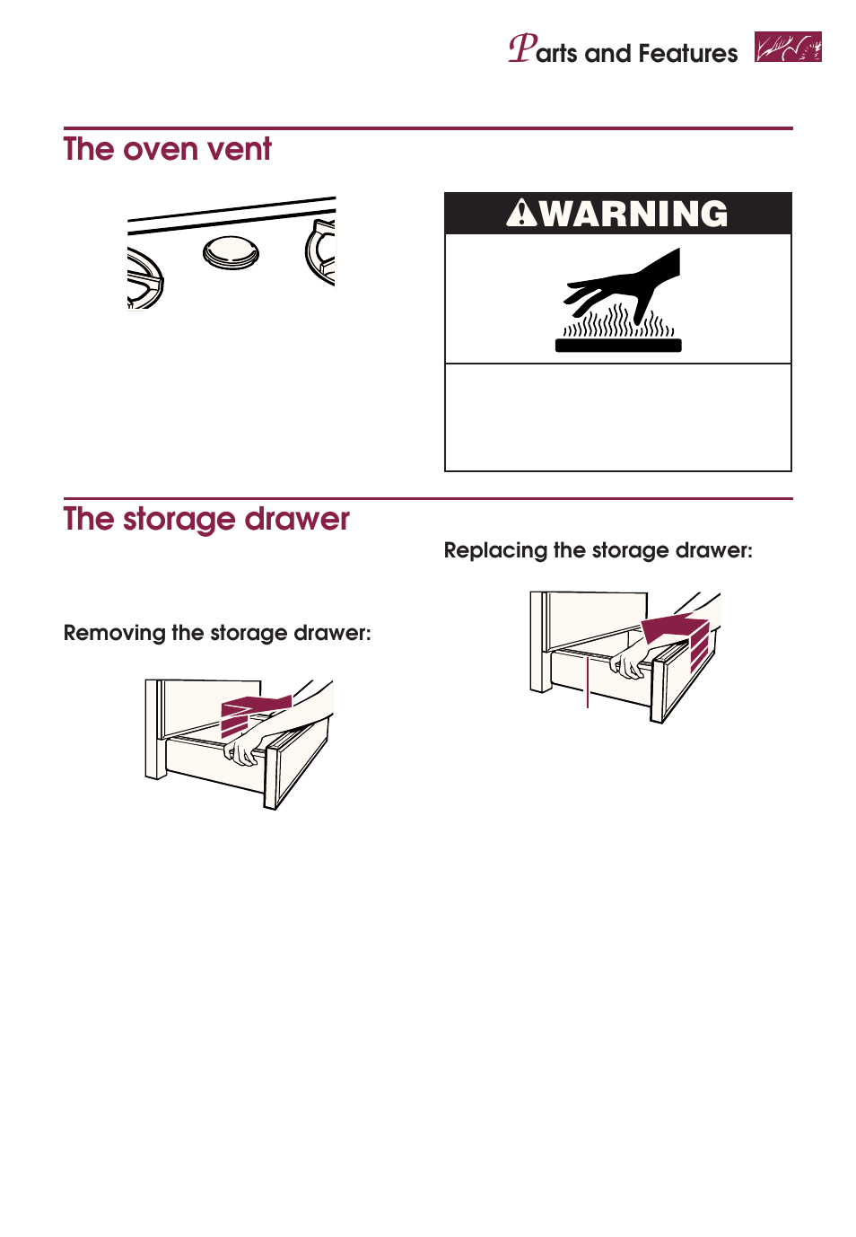 Wwarning, The oven vent, The storage drawer | KITCHENAID YKGRT507 User Manual | Page 9 / 71