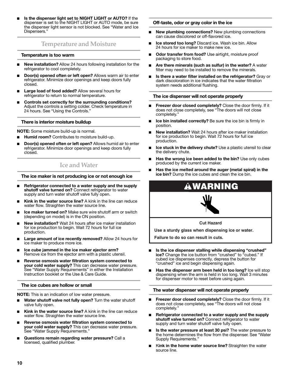 Warning, Temperature and moisture, Ice and water | KITCHENAID 2308392 User Manual | Page 10 / 44