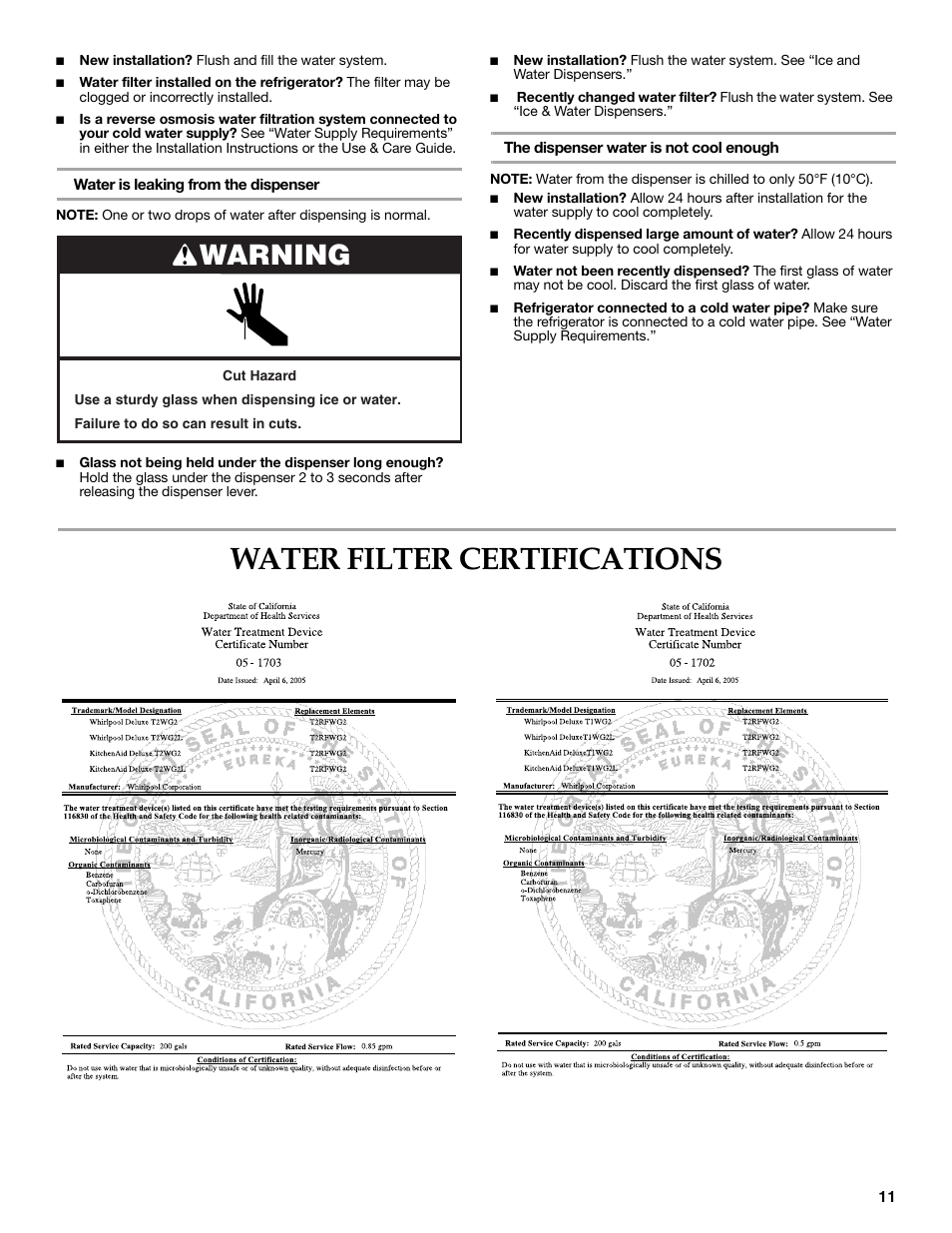Water filter certifications, Warning | KITCHENAID 2308392 User Manual | Page 11 / 44