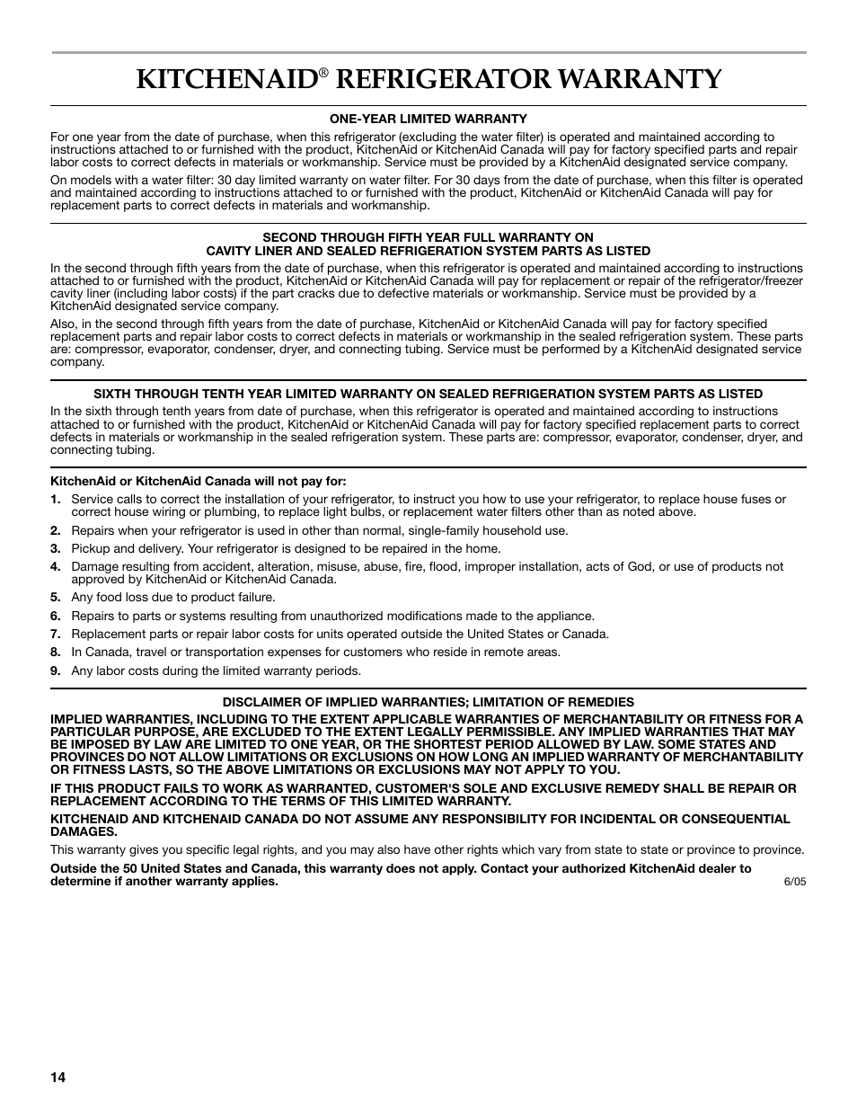 Warranty, Kitchenaid, Refrigerator warranty | KITCHENAID 2308392 User Manual | Page 14 / 44