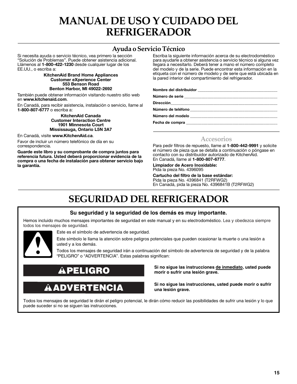 Spanish version, Seguridad del refrigerador, Manual de uso y cuidado del refrigerador | Advertencia peligro, Ayuda o servicio técnico, Accesorios | KITCHENAID 2308392 User Manual | Page 15 / 44