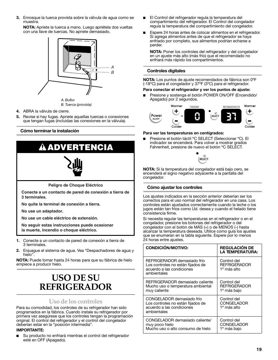 Uso de su refrigerador, Advertencia, Uso de los controles | KITCHENAID 2308392 User Manual | Page 19 / 44