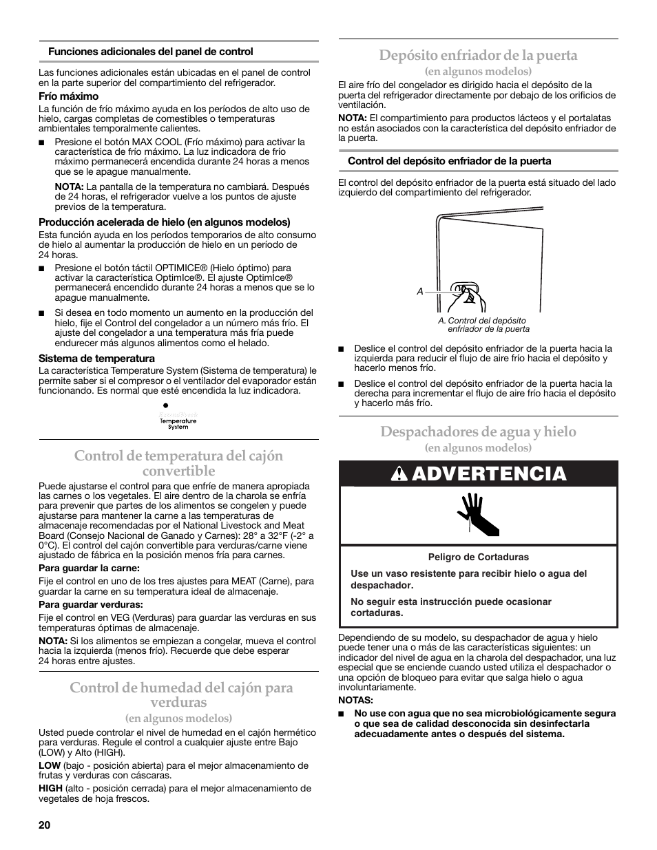 Advertencia, Control de temperatura del cajón convertible, Control de humedad del cajón para verduras | Depósito enfriador de la puerta, Despachadores de agua y hielo | KITCHENAID 2308392 User Manual | Page 20 / 44