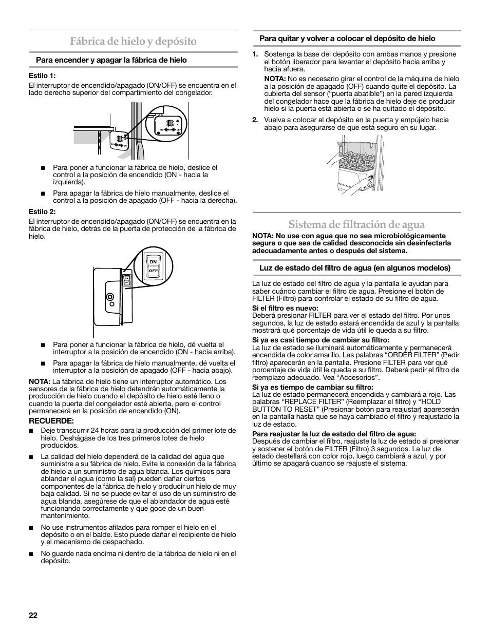 Fábrica de hielo y depósito, Sistema de filtración de agua | KITCHENAID 2308392 User Manual | Page 22 / 44