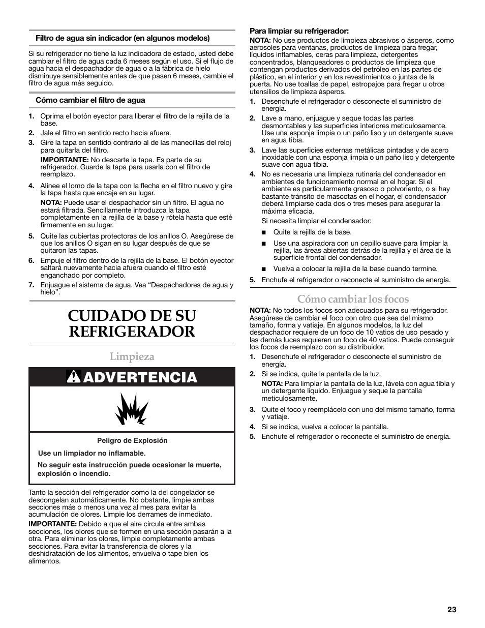 Cuidado de su refrigerador, Advertencia, Limpieza | Cómo cambiar los focos | KITCHENAID 2308392 User Manual | Page 23 / 44