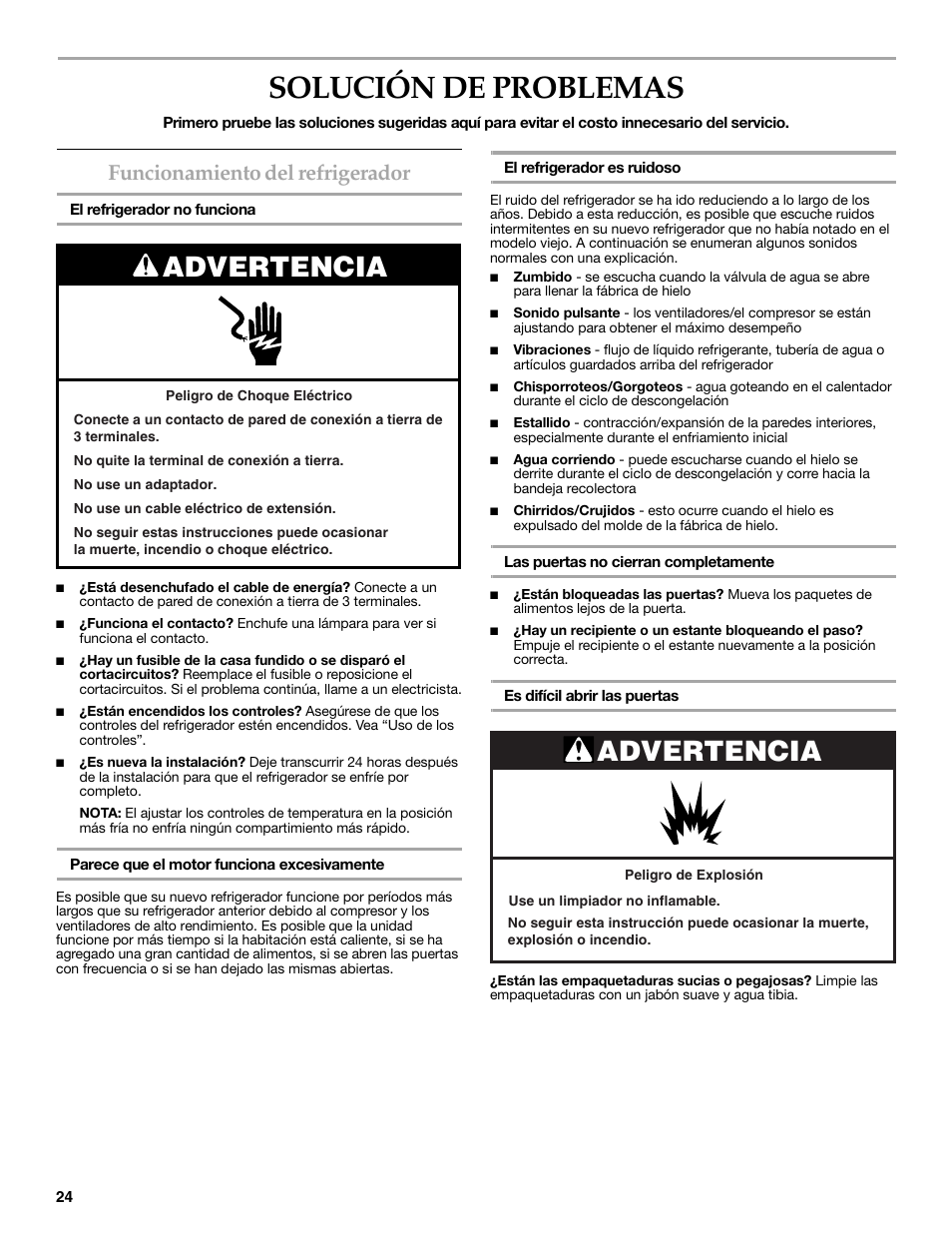 Solución de problemas, Advertencia, Funcionamiento del refrigerador | KITCHENAID 2308392 User Manual | Page 24 / 44