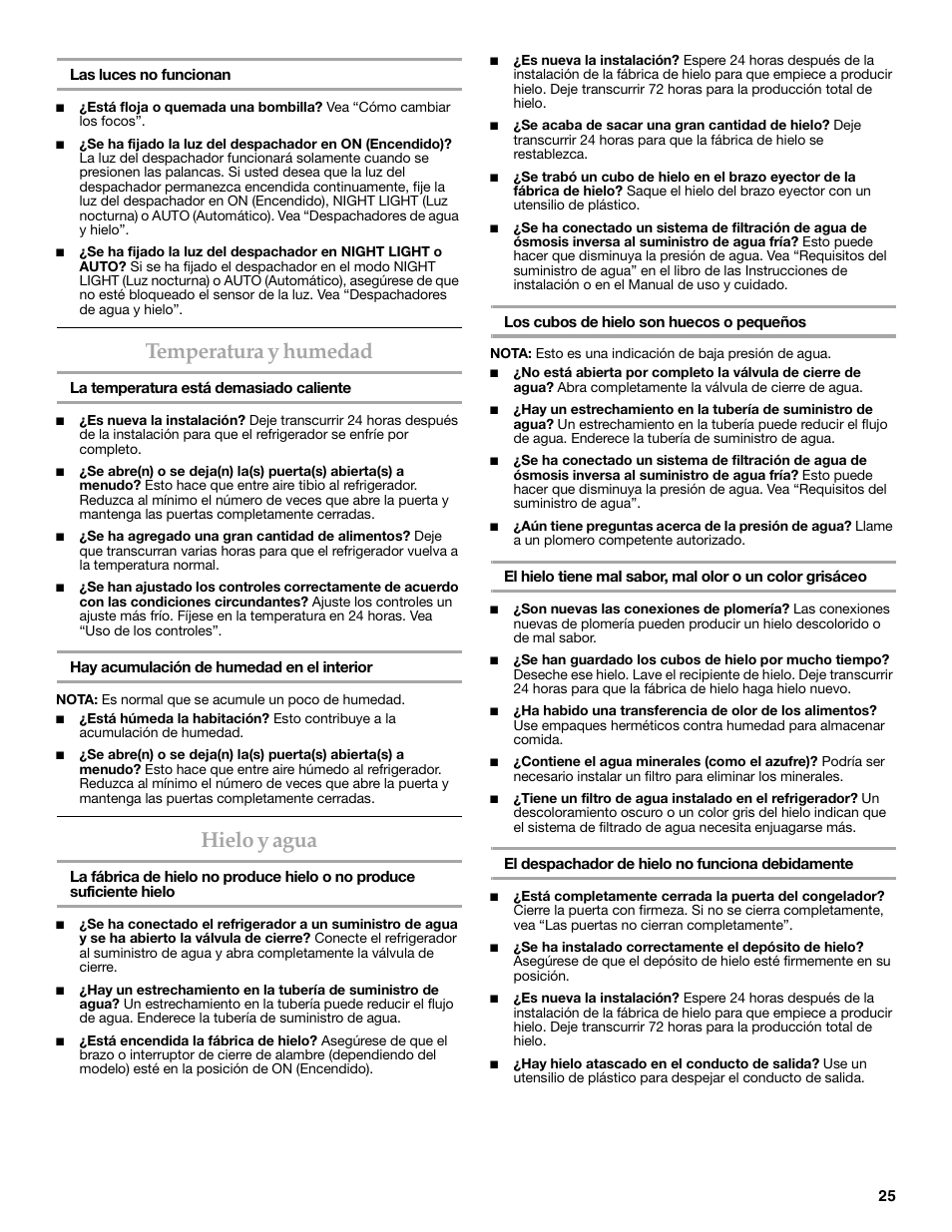 Temperatura y humedad, Hielo y agua | KITCHENAID 2308392 User Manual | Page 25 / 44