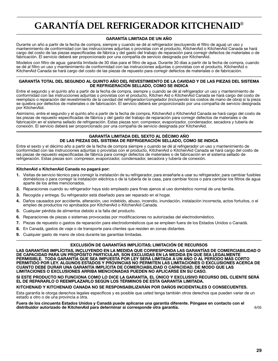 Garantía, Garantía del refrigerador kitchenaid | KITCHENAID 2308392 User Manual | Page 29 / 44