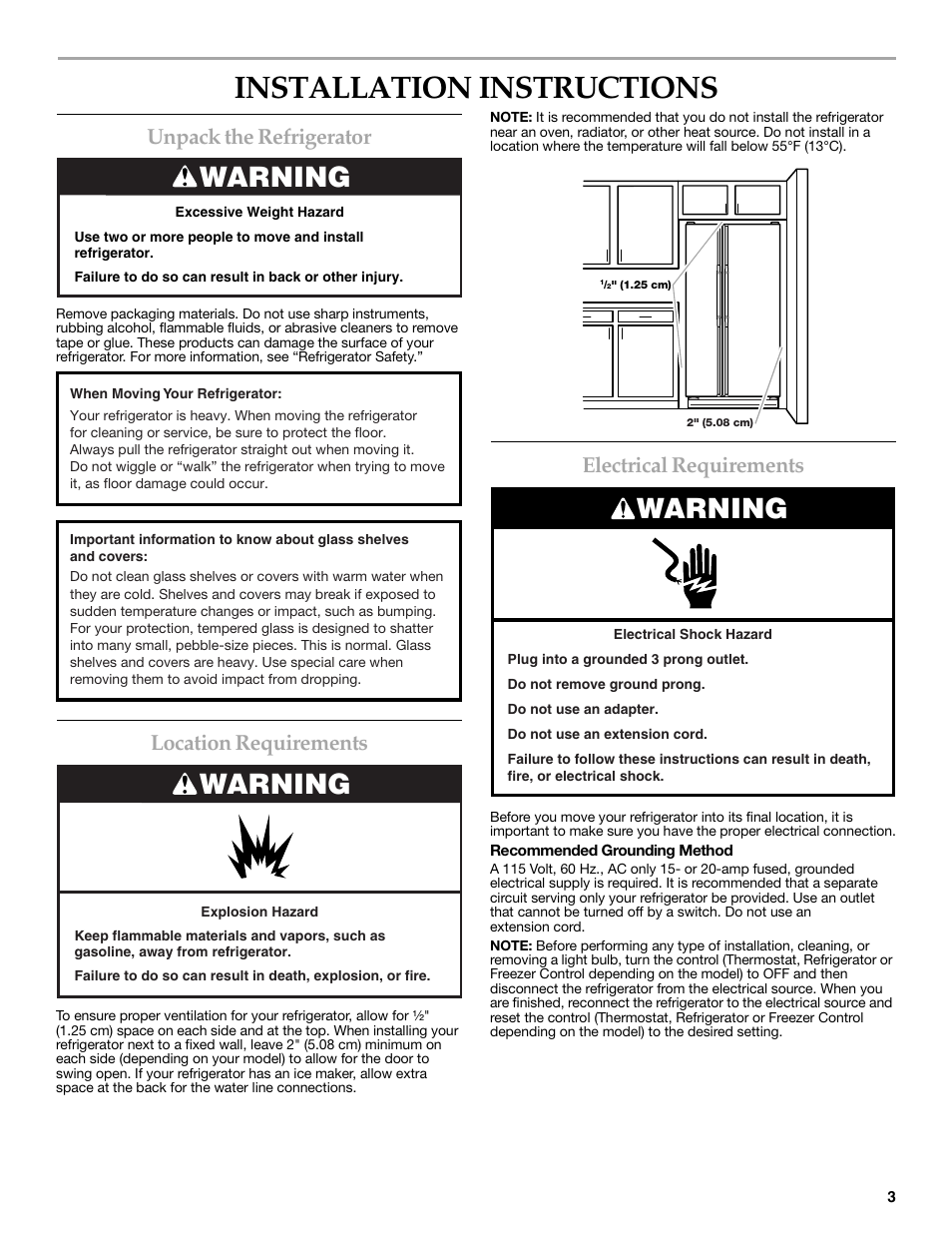 Installation instructions, Unpack the refrigerator, Location requirements | Electrical requirements, Warning | KITCHENAID 2308392 User Manual | Page 3 / 44