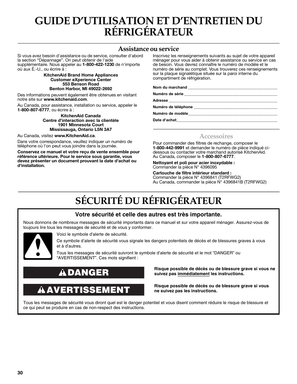 French version, Sécurité du réfrigérateur, Avertissement danger | Assistance ou service, Accessoires | KITCHENAID 2308392 User Manual | Page 30 / 44